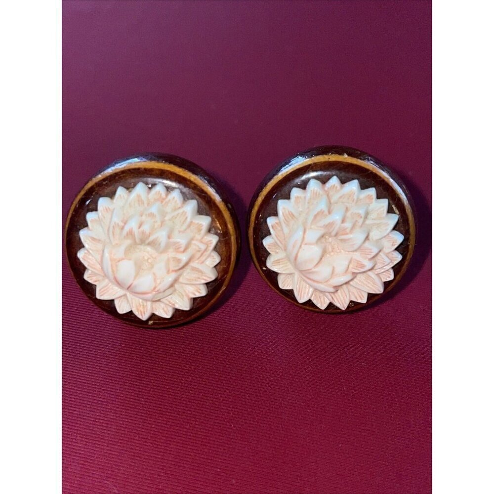 Resin Carved Lotus Screw back Earrings 1”